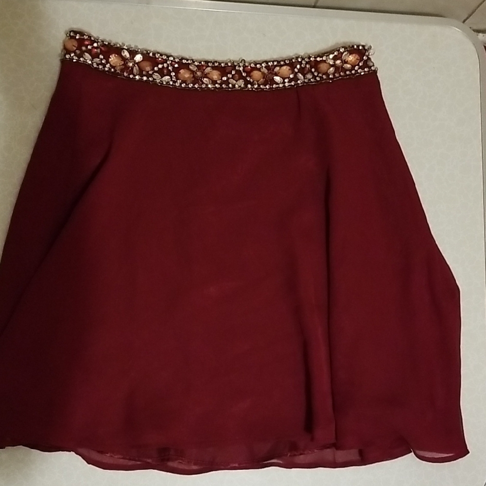 Chic Beaded A-Line Skirt in Deep Red